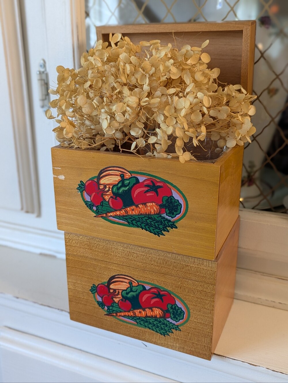 🍅 VTG Grandmacore Wooden Recipe Box Vegetable Motif FDT Flower Box Pair